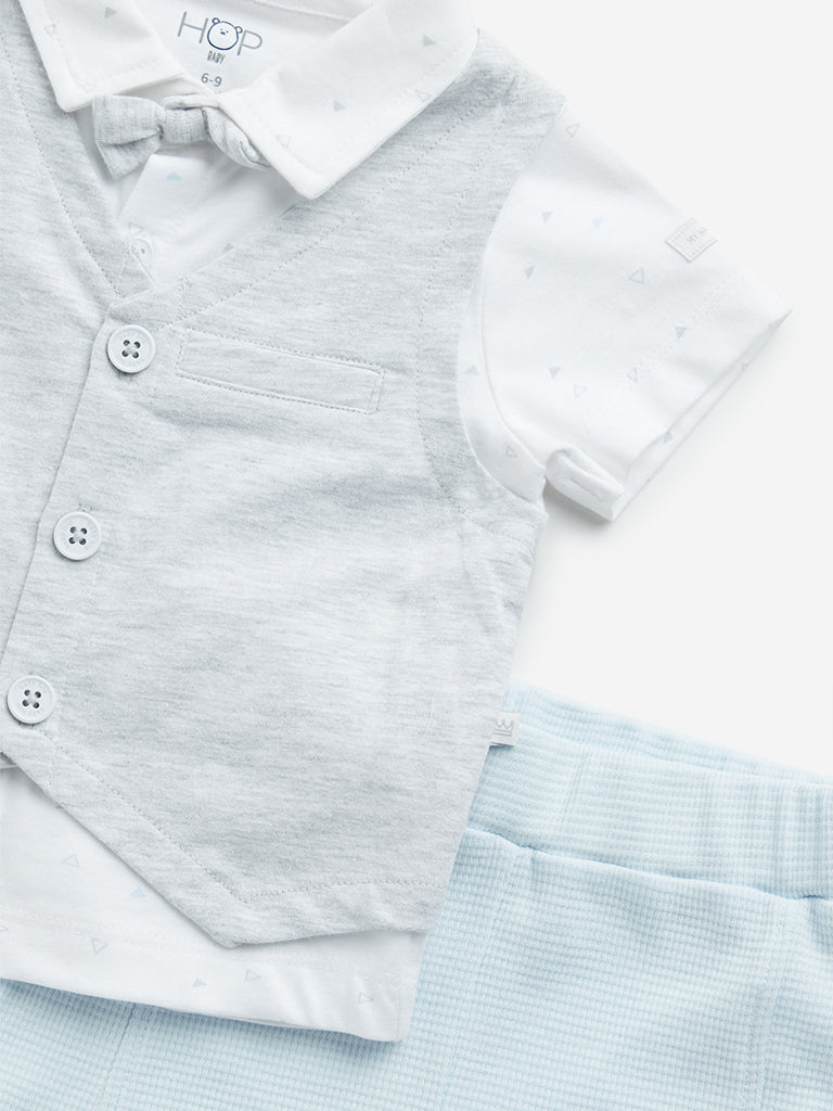 HOP Baby Grey Waistcoat with Cotton Shirt, Bow and Shorts Set