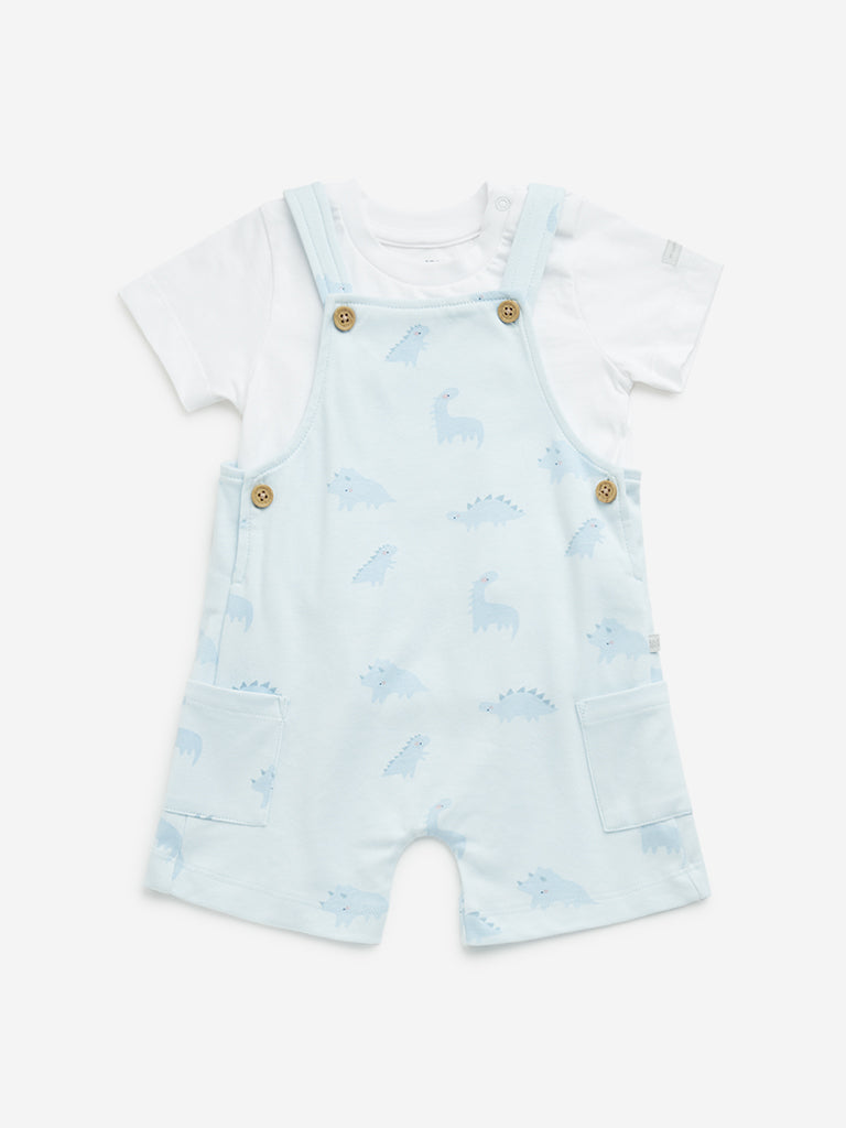 HOP Baby Light Blue Dinosaur Cotton Dungaree with T-Shirt Set