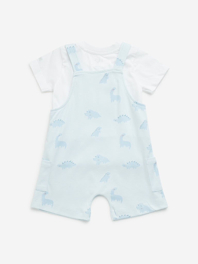 HOP Baby Light Blue Dinosaur Cotton Dungaree with T-Shirt Set