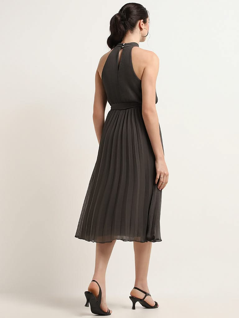 Wardrobe Grey Rosette Neckline Pleated Midi Dress