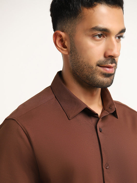 Ascot Brown Cotton Blend Relaxed Fit Solid Shirt