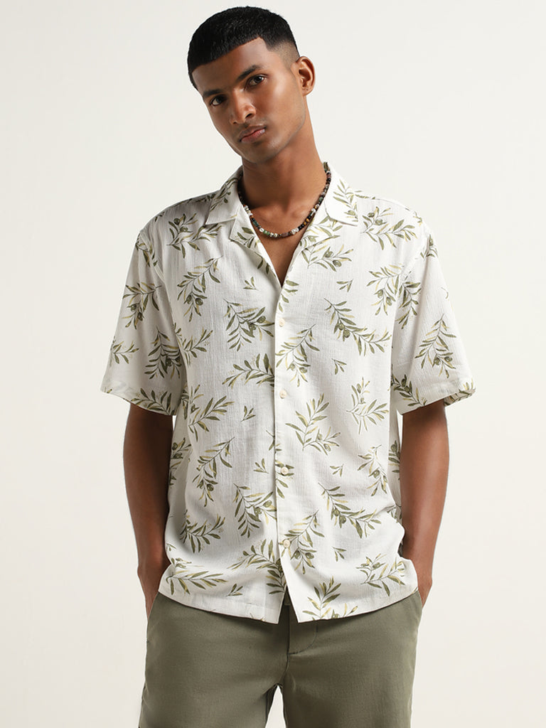 ETA Off-White Cotton Leaf Print Relaxed Fit Shirt