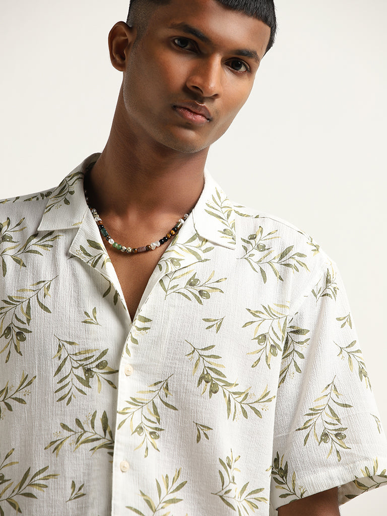 ETA Off-White Cotton Leaf Print Relaxed Fit Shirt