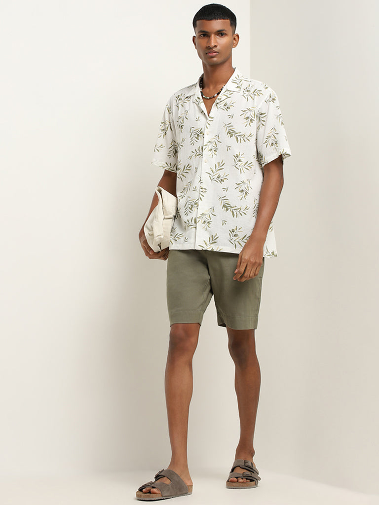 ETA Off-White Cotton Leaf Print Relaxed Fit Shirt