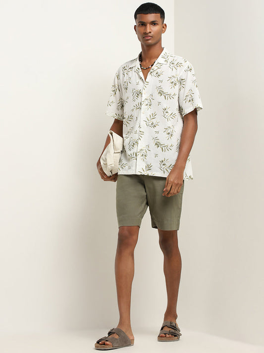 ETA Off-White Cotton Leaf Print Relaxed Fit Shirt