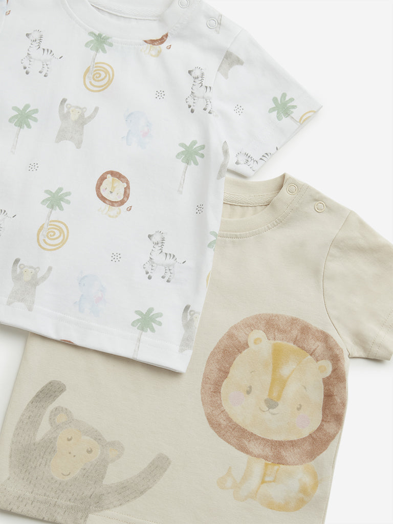 HOP Baby Beige Animal Print T-Shirts - Pack of 2