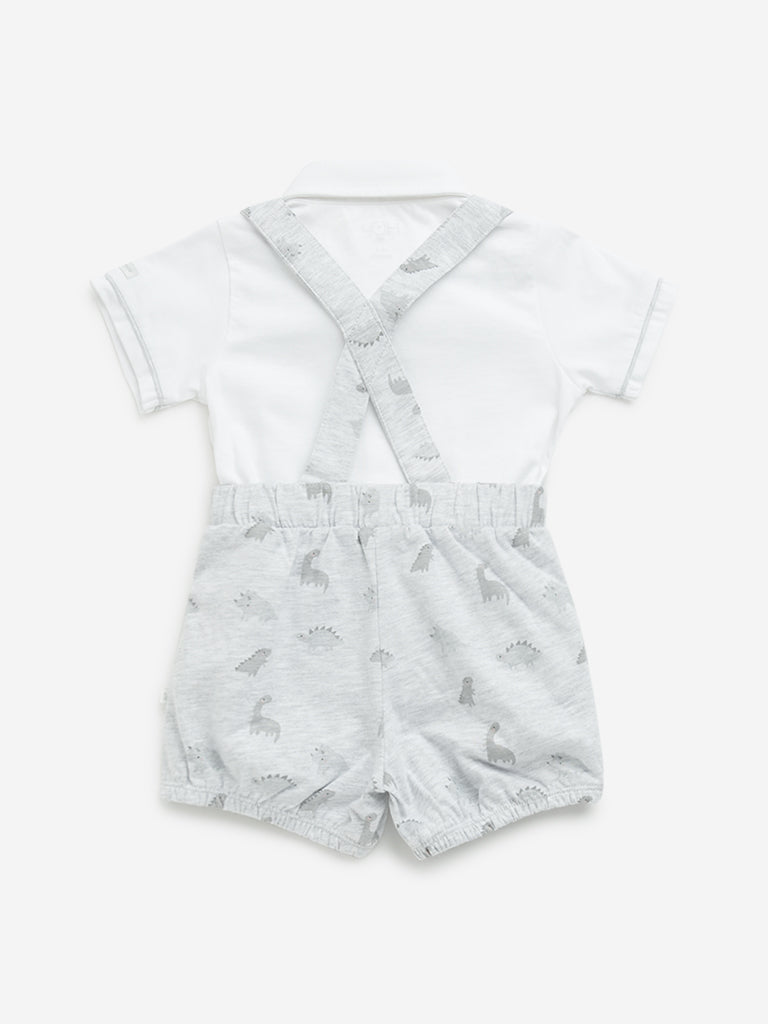 HOP Baby Grey Dinosaur Cotton Dungaree, Shirt & Bow Set