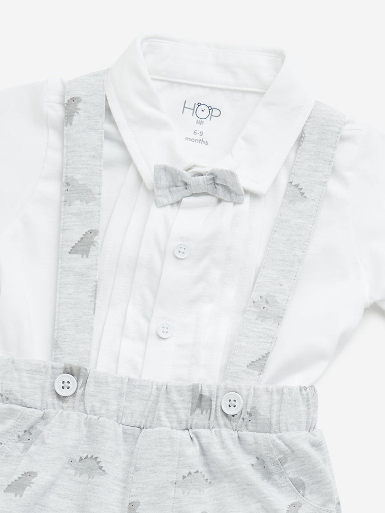 HOP Baby Grey Dinosaur Cotton Dungaree, Shirt & Bow Set