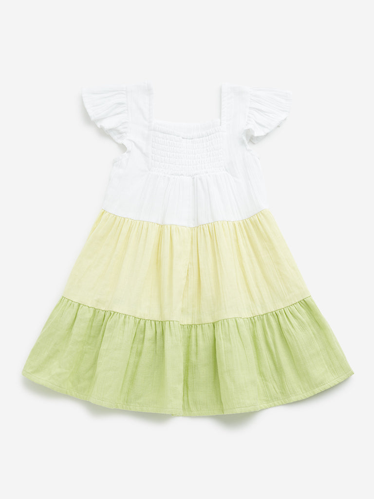 HOP Kids Lime Colour-Blocked Design Tiered Cotton Dress