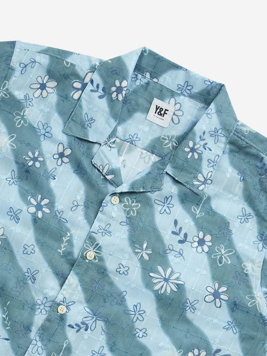 Y&F Kids Teal Floral Print Cotton Shirt