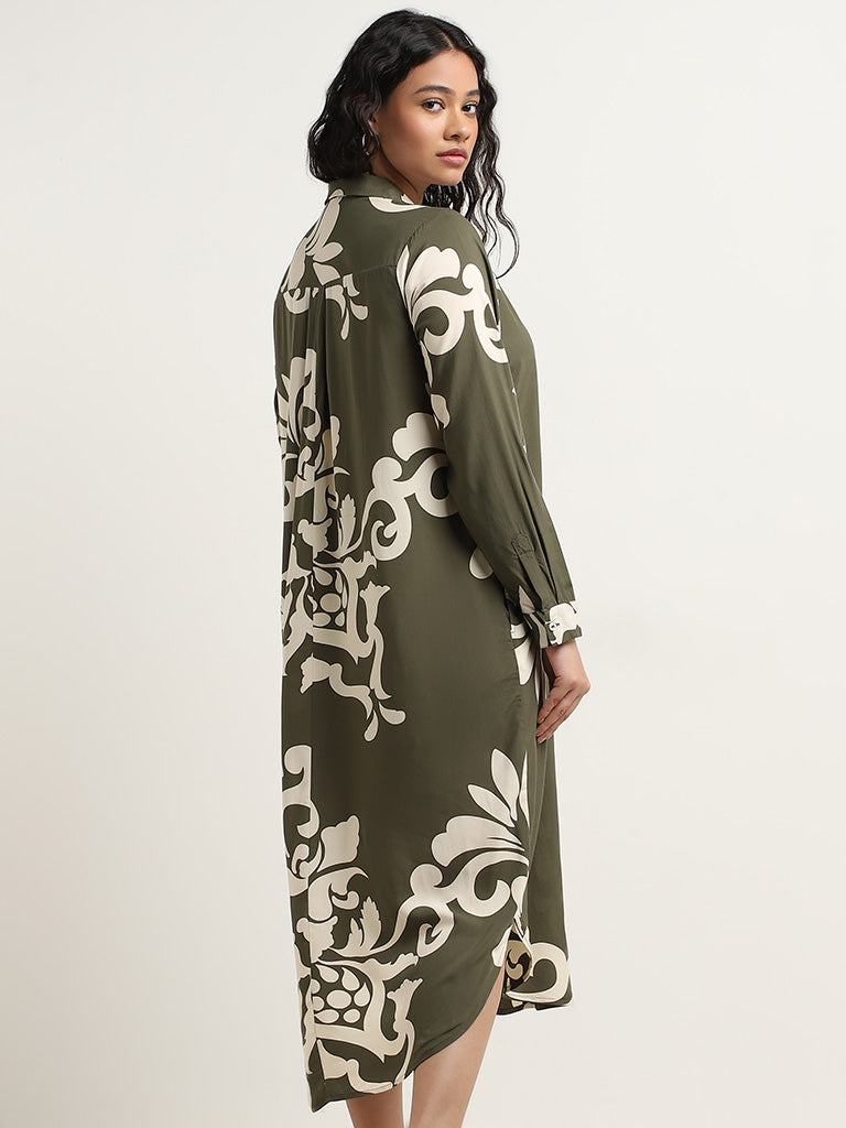 Gia Olive Printed High-Low Shirt Dress