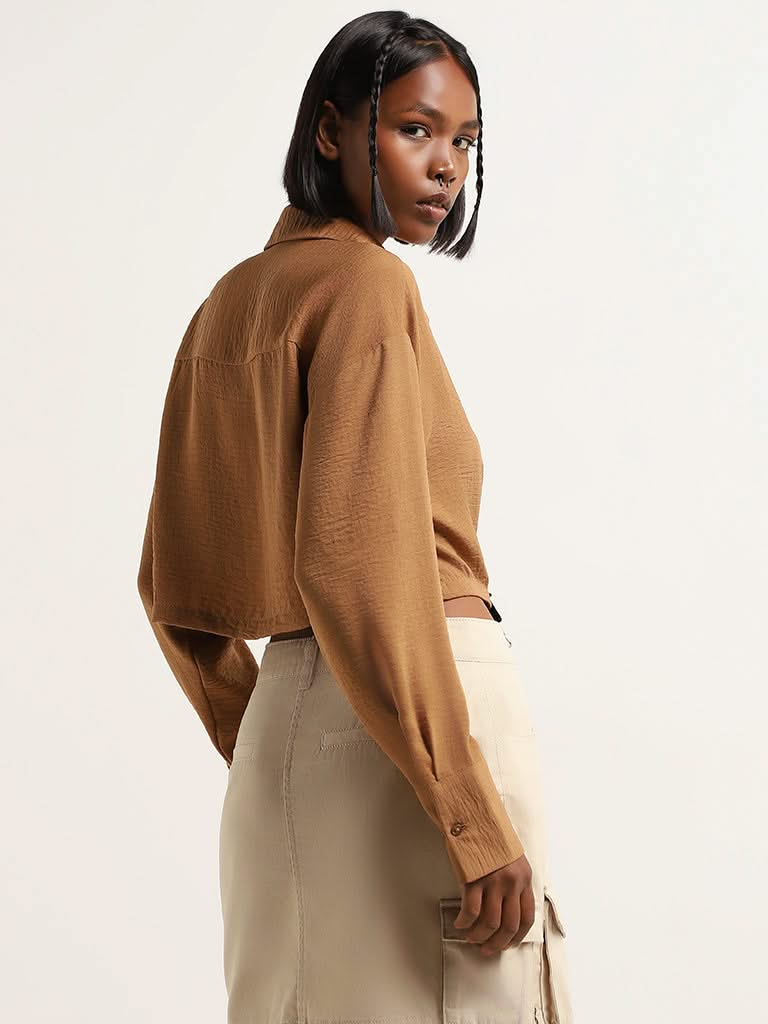 Nuon Brown Crinkled Crop Shirt