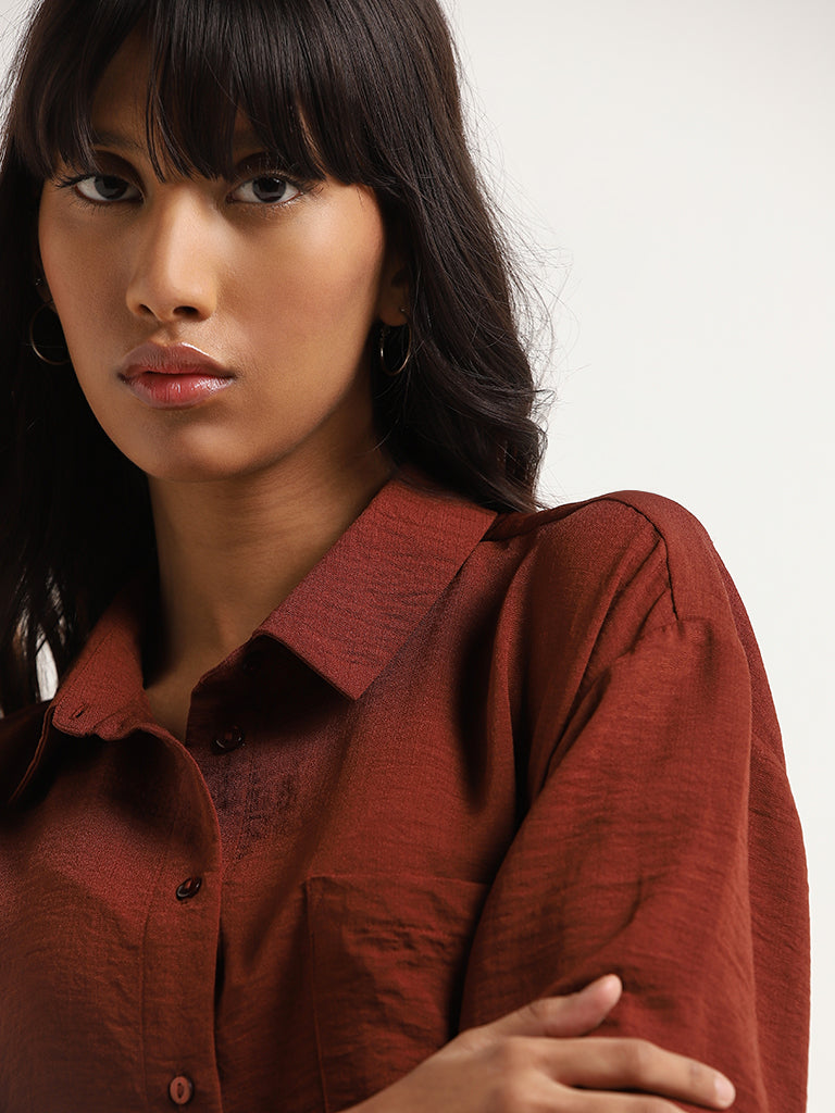 Nuon Brown Crinkled Crop Shirt