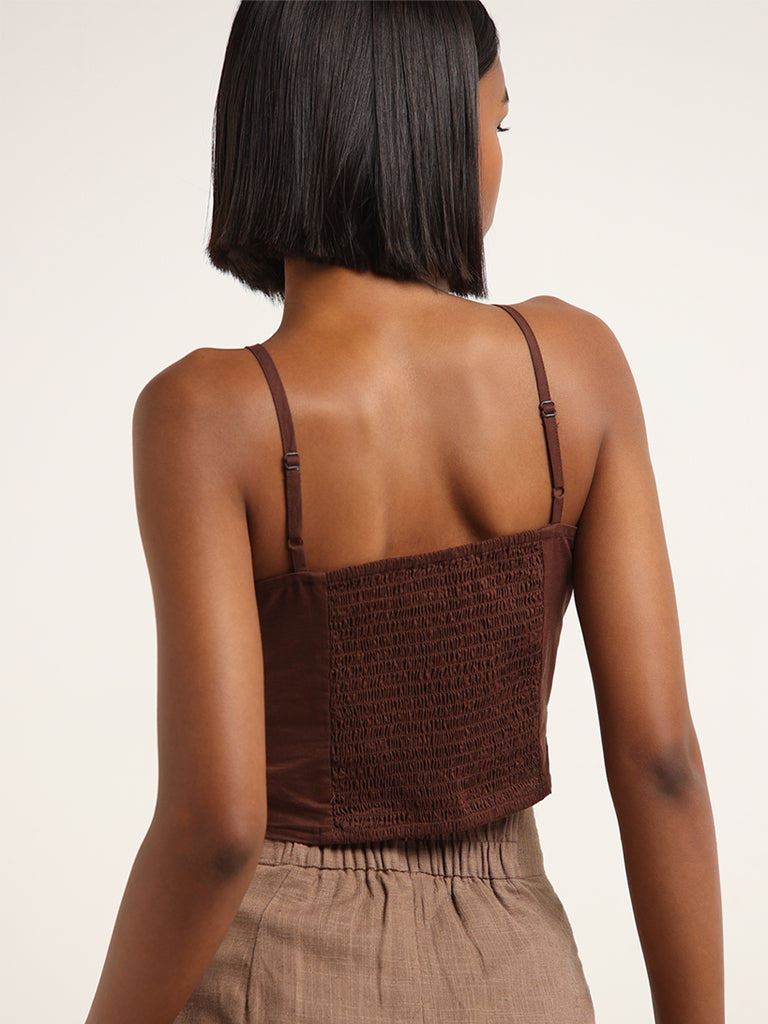 Nuon Brown Solid Cropped Cotton Top