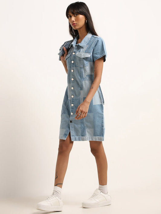 Nuon Blue Patchwork Denim Shirt Cotton Dress