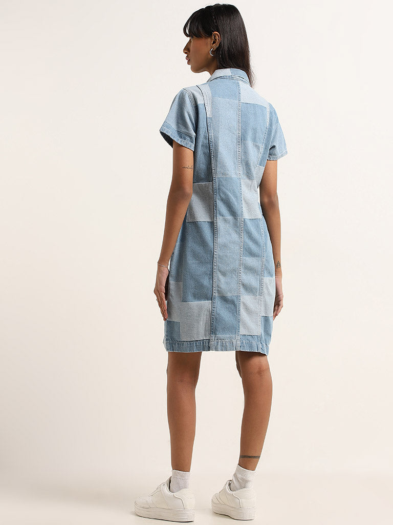 Nuon Blue Patchwork Denim Shirt Cotton Dress