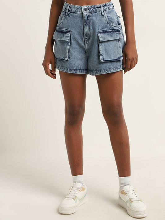 Nuon Blue Enzyme Washed High-Rise Denim Shorts