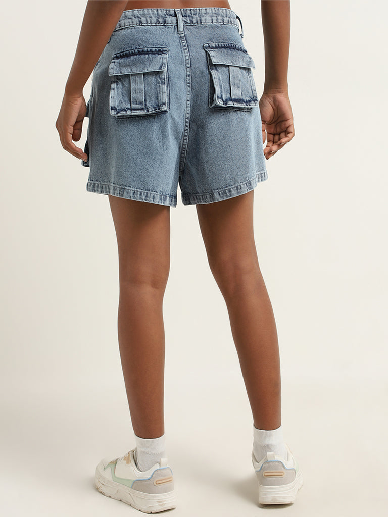 Nuon Blue Enzyme Washed High-Rise Denim Shorts