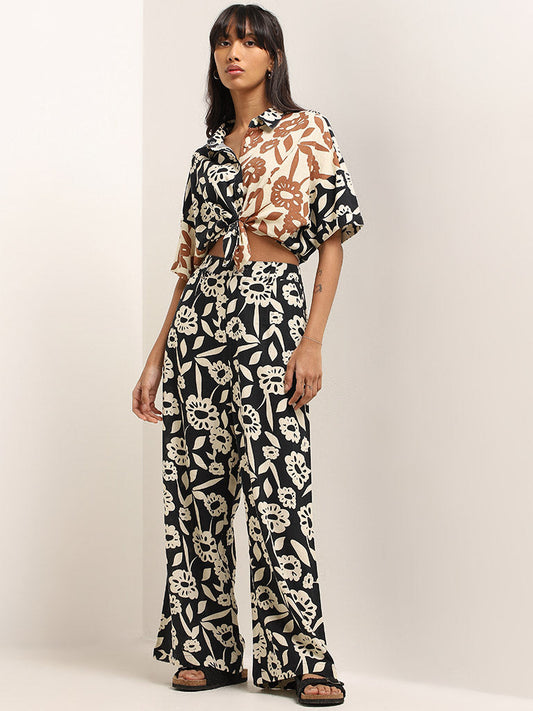 Nuon Black Floral Printed Blended Linen Pants