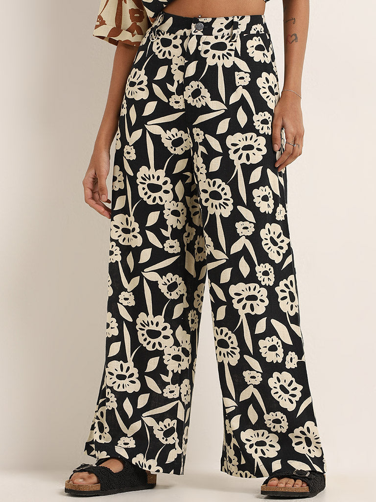 Nuon Black Floral Printed Blended Linen Pants