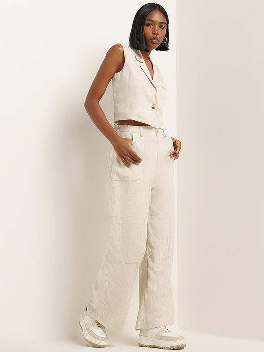 Nuon Beige Mid-Rise Flared Blended Linen Pants