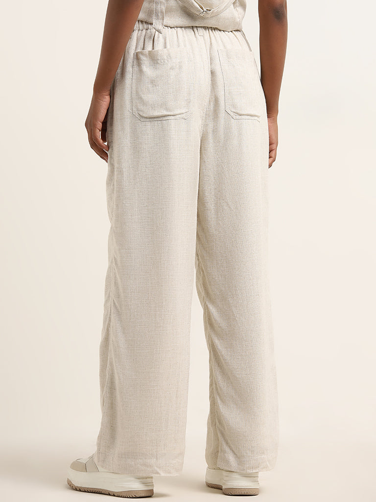 Nuon Beige Mid-Rise Flared Blended Linen Pants