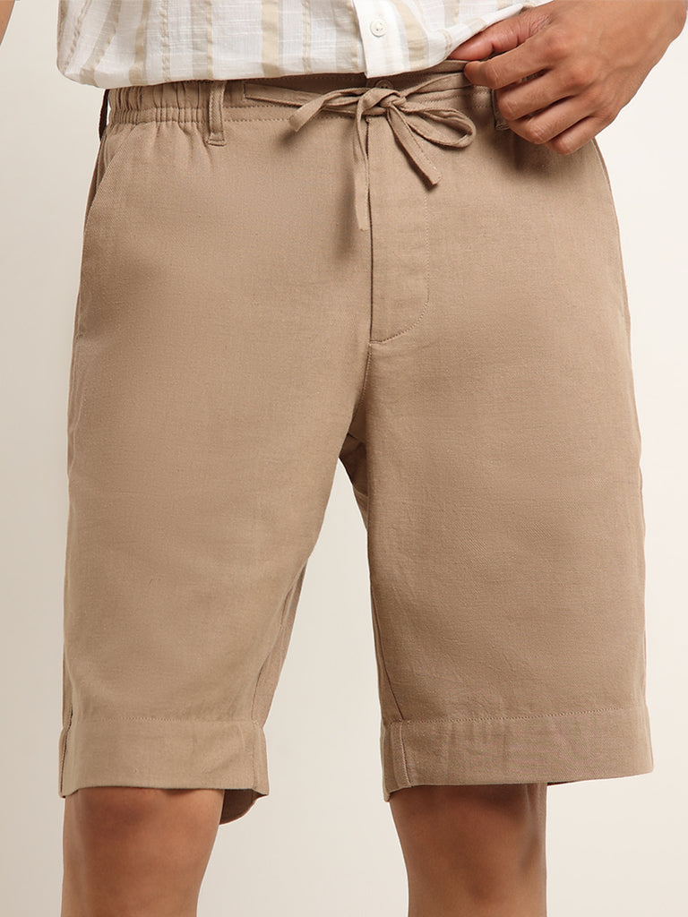 ETA Taupe Mid Rise Cotton Blend Relaxed Fit Shorts