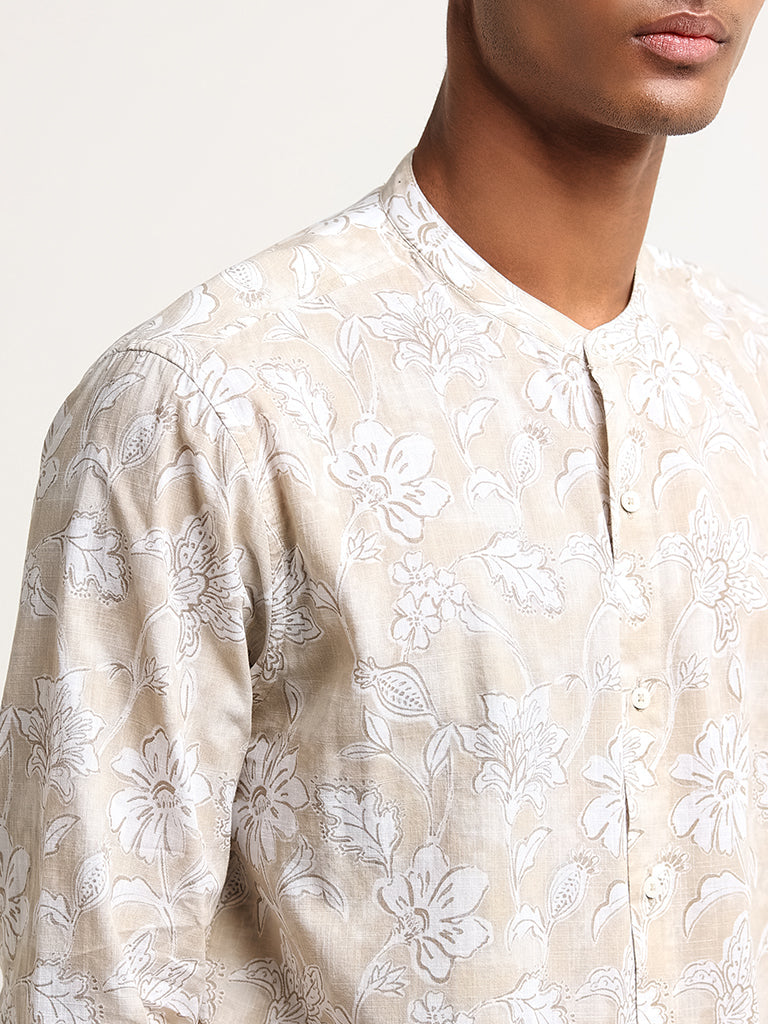 ETA Beige Botanical Print Grandad Cotton Relaxed Fit Shirt