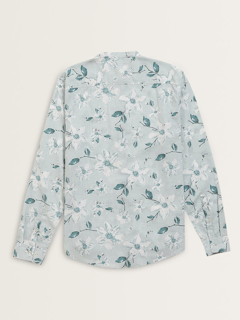 ETA Light Teal Floral Printed Cotton Resort Fit Shirt