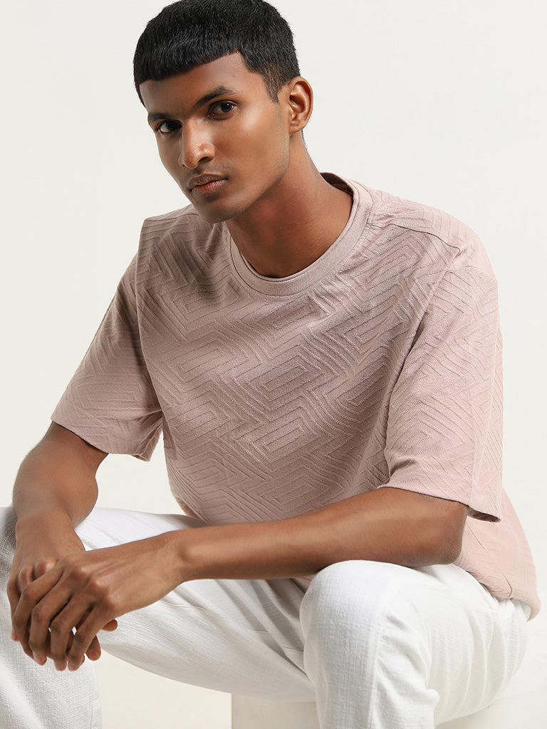 ETA Dusty Pink Chevron Textured Slim Fit T-Shirt