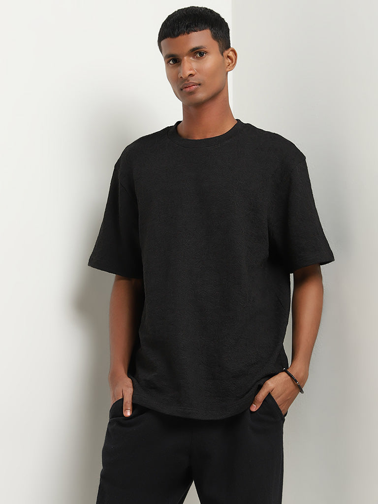 ETA Black Textured Relaxed-Fit T-Shirt