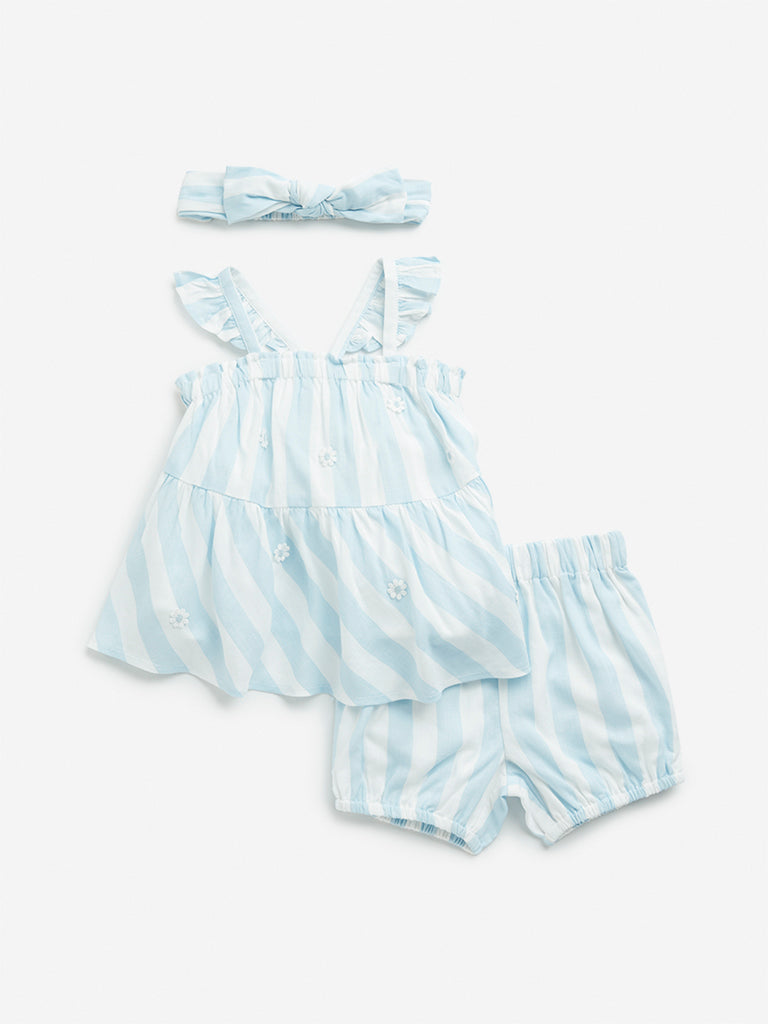 HOP Baby Light Blue Striped Top, Shorts and Headband Set