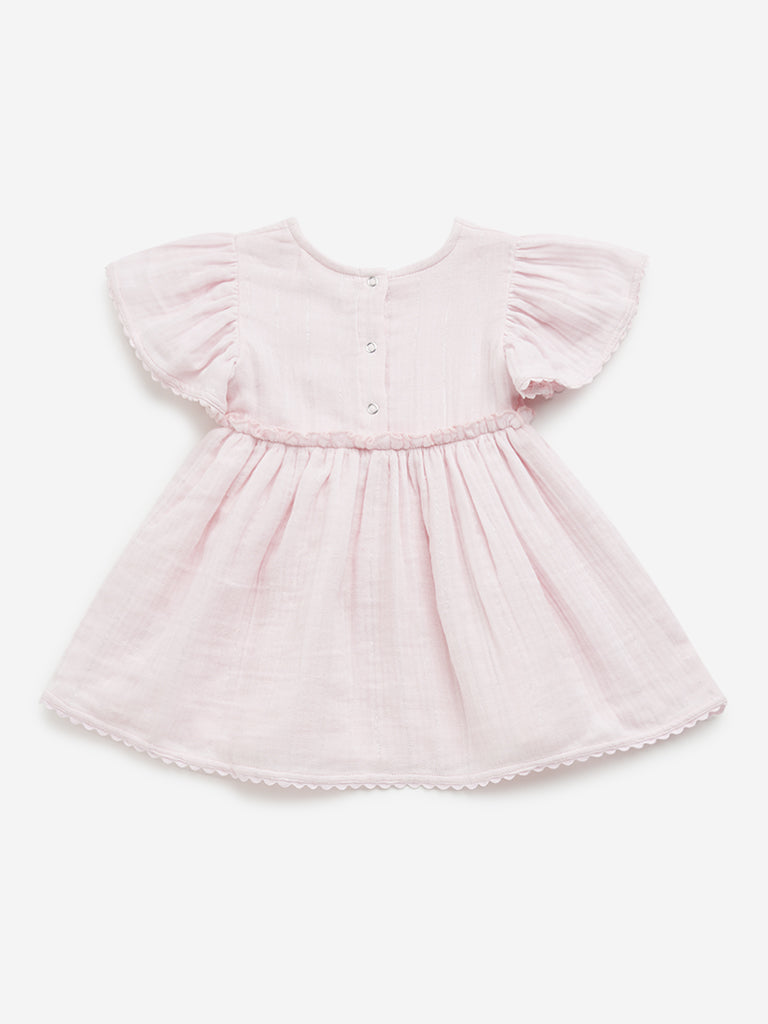 HOP Baby Pink Floral Embroidered A-Line Cotton Dress