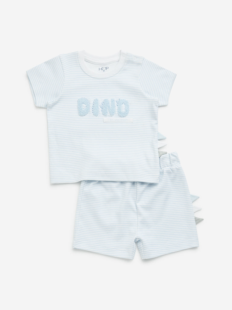 HOP Baby Blue Striped Cotton T-Shirt & Shorts Set