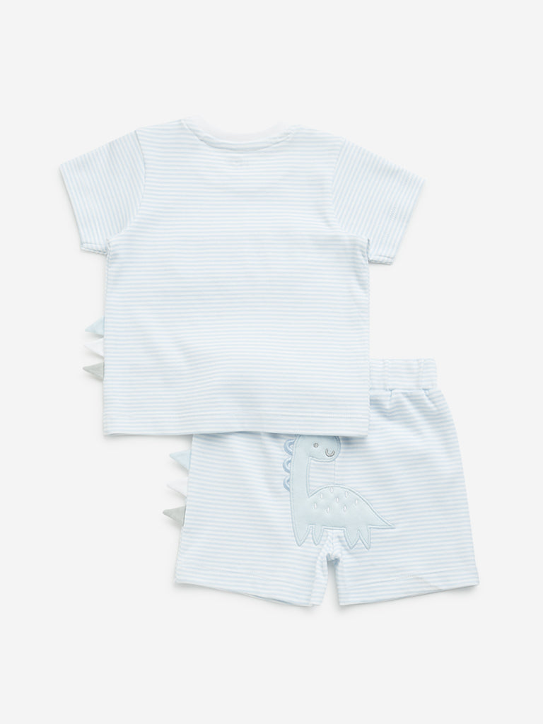 HOP Baby Blue Striped Cotton T-Shirt & Shorts Set