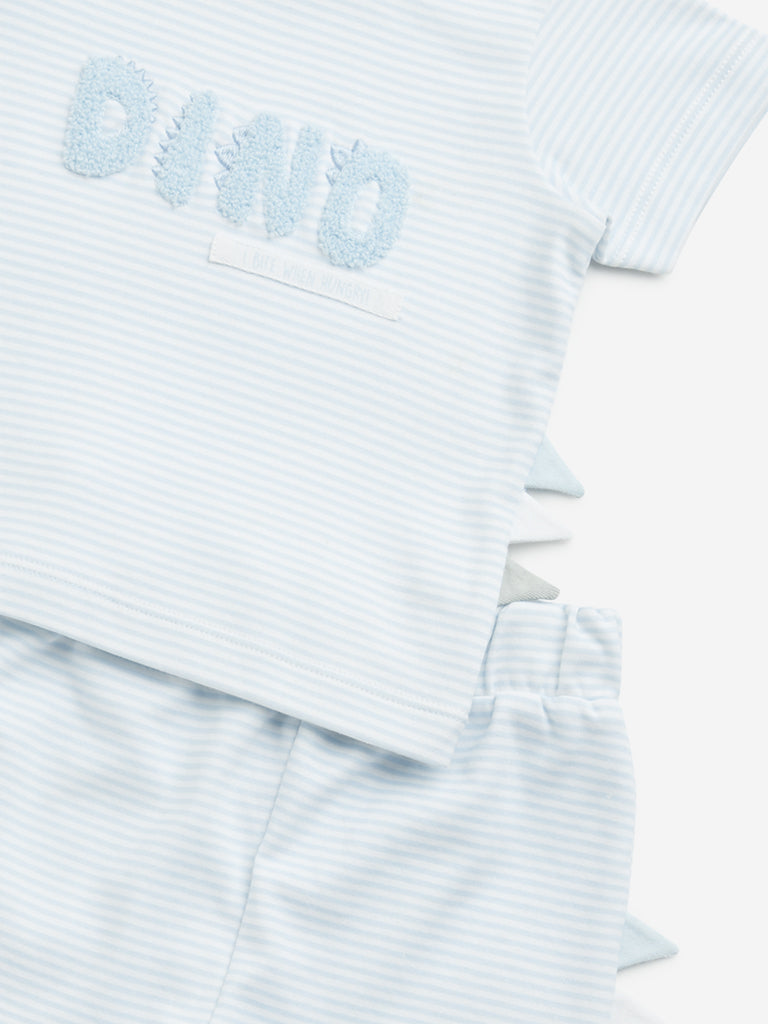 HOP Baby Blue Striped Cotton T-Shirt & Shorts Set