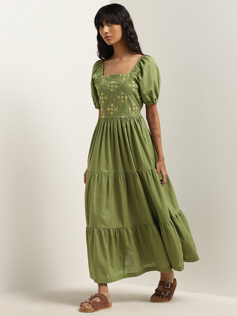 Bombay Paisley Olive Floral Embroidered Tiered Cotton Dress