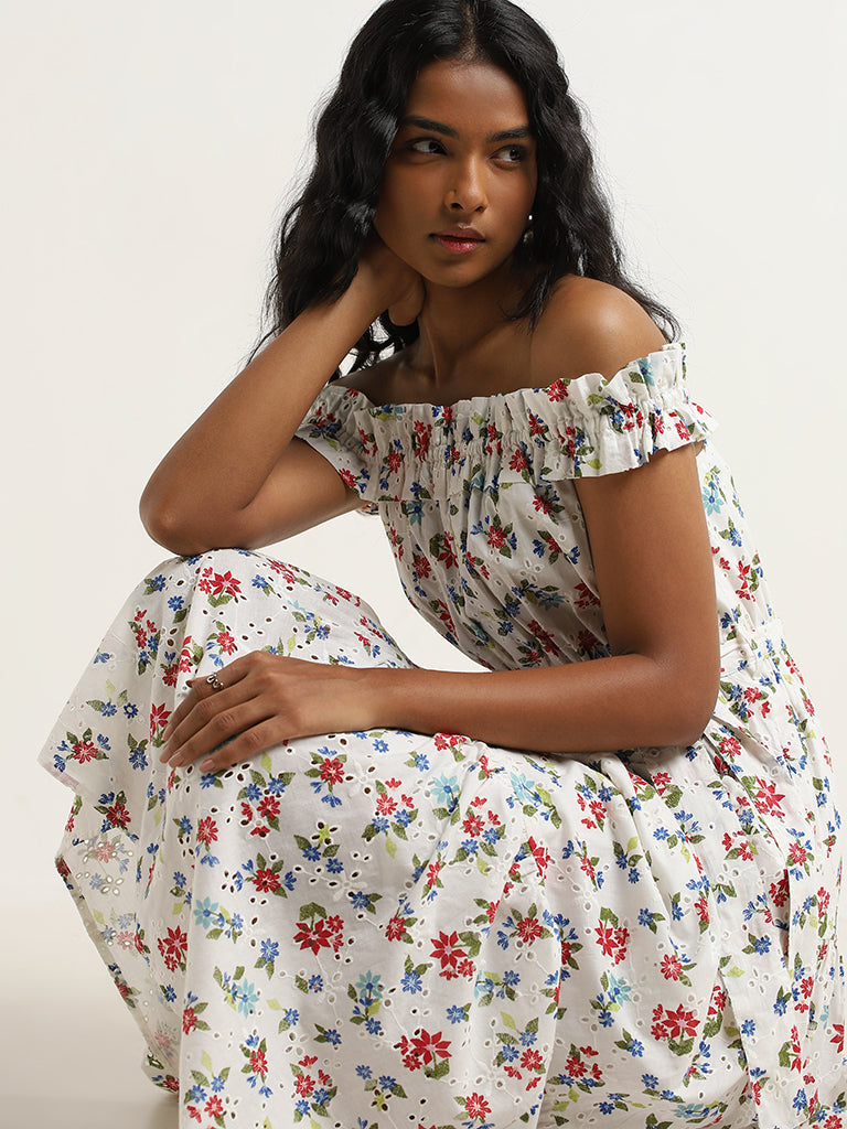 LOV White Floral Patterned Cotton Tiered Dress