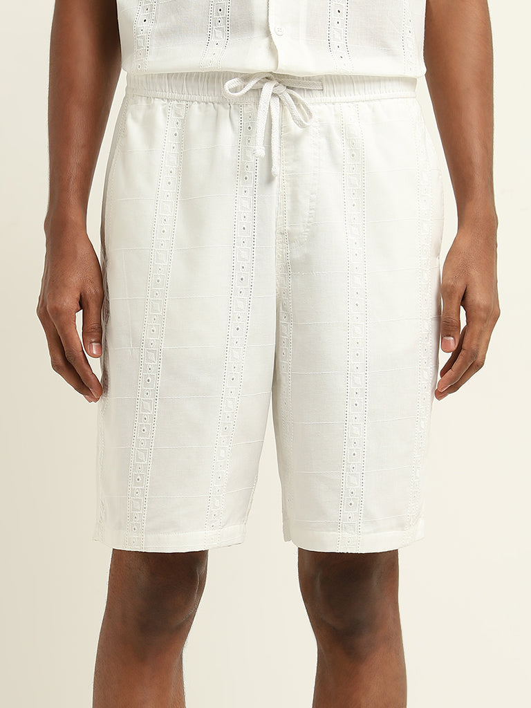 ETA White Schiffli Relaxed-Fit Mid-Rise Cotton Shorts