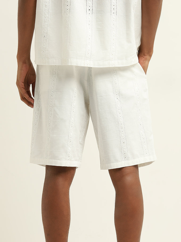 ETA White Schiffli Relaxed-Fit Mid-Rise Cotton Shorts