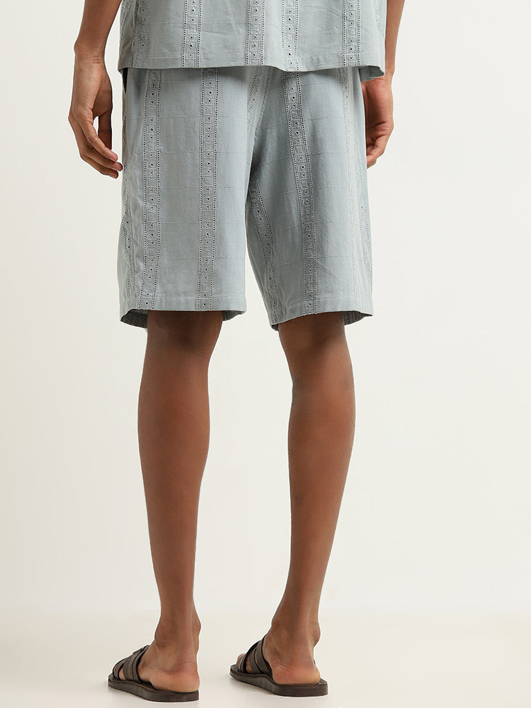 ETA Dusty Teal Schiffli Relaxed-Fit Mid-Rise Cotton Shorts