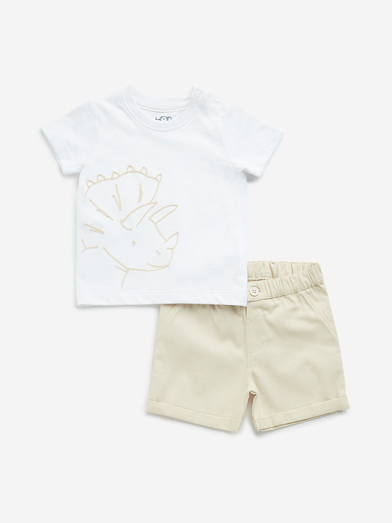 HOP Baby White Dinosaur Design Cotton T-Shirt and Mid-Rise Shorts Set