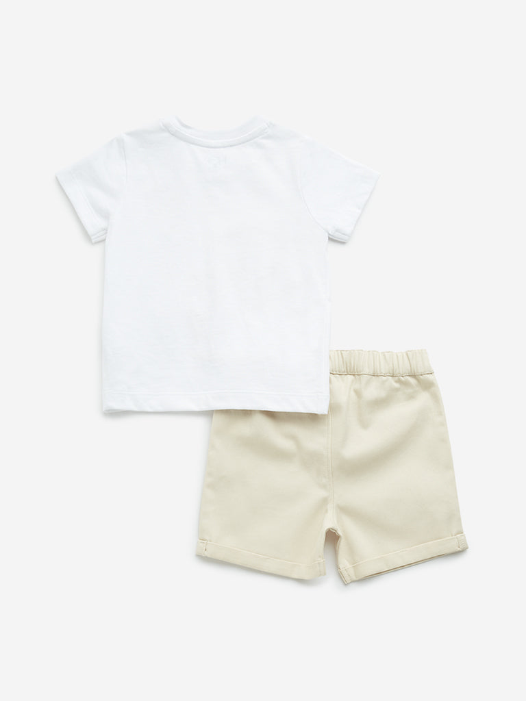 HOP Baby White Dinosaur Design Cotton T-Shirt and Mid-Rise Shorts Set