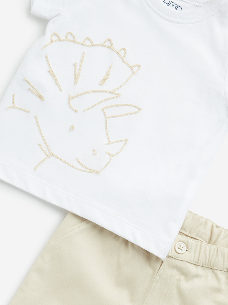 HOP Baby White Dinosaur Design Cotton T-Shirt and Mid-Rise Shorts Set