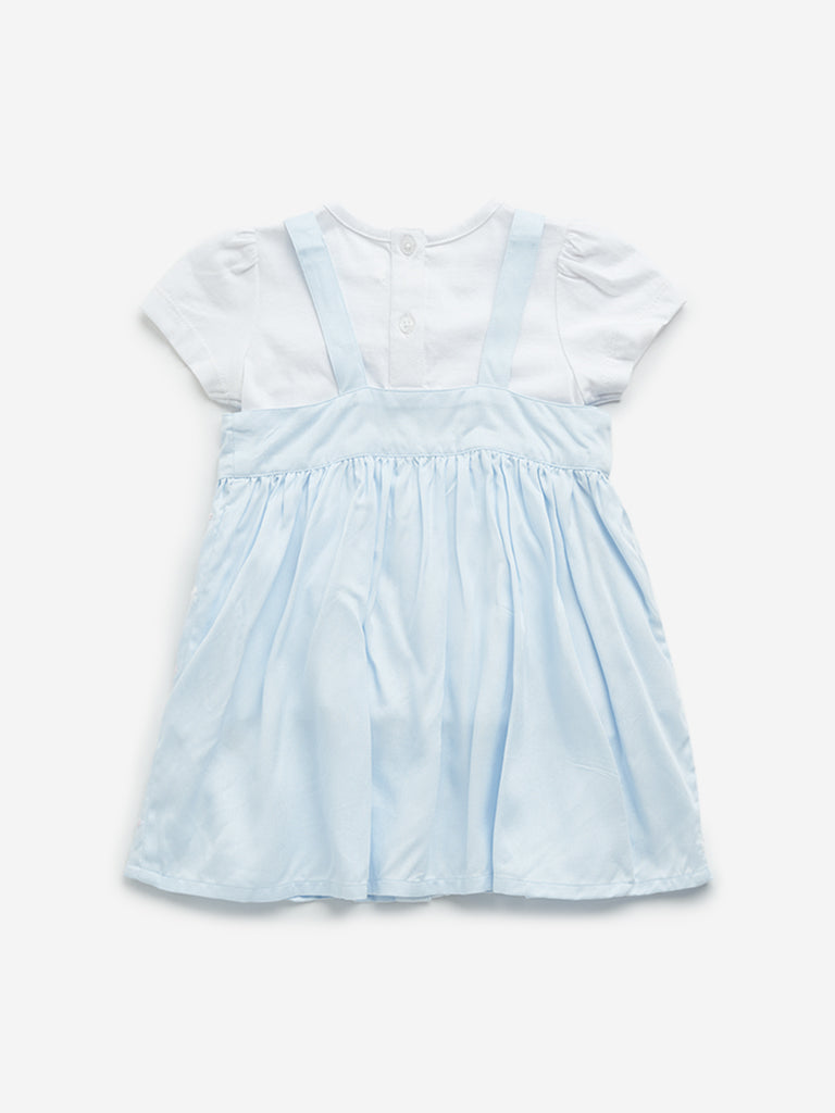 HOP Baby Light Blue Floral Embroidered Cotton Pinafore with Top Set