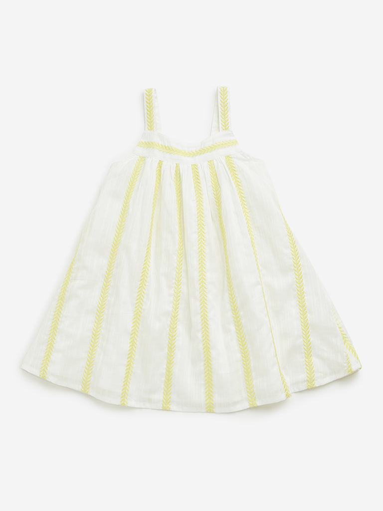 HOP Kids White Leaf Embroidered A-Line Cotton Dress