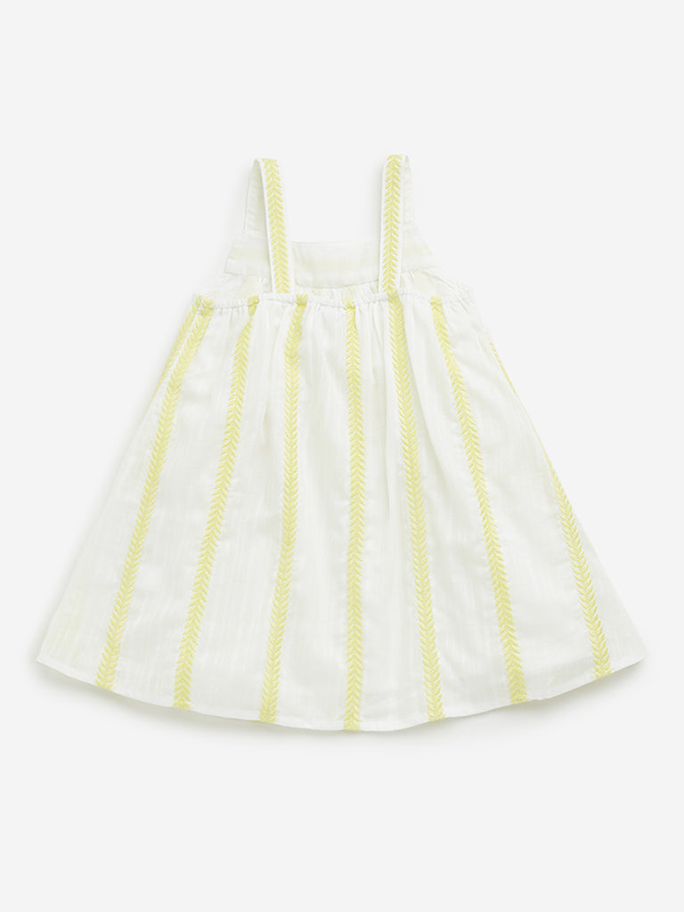 HOP Kids White Leaf Embroidered A-Line Cotton Dress