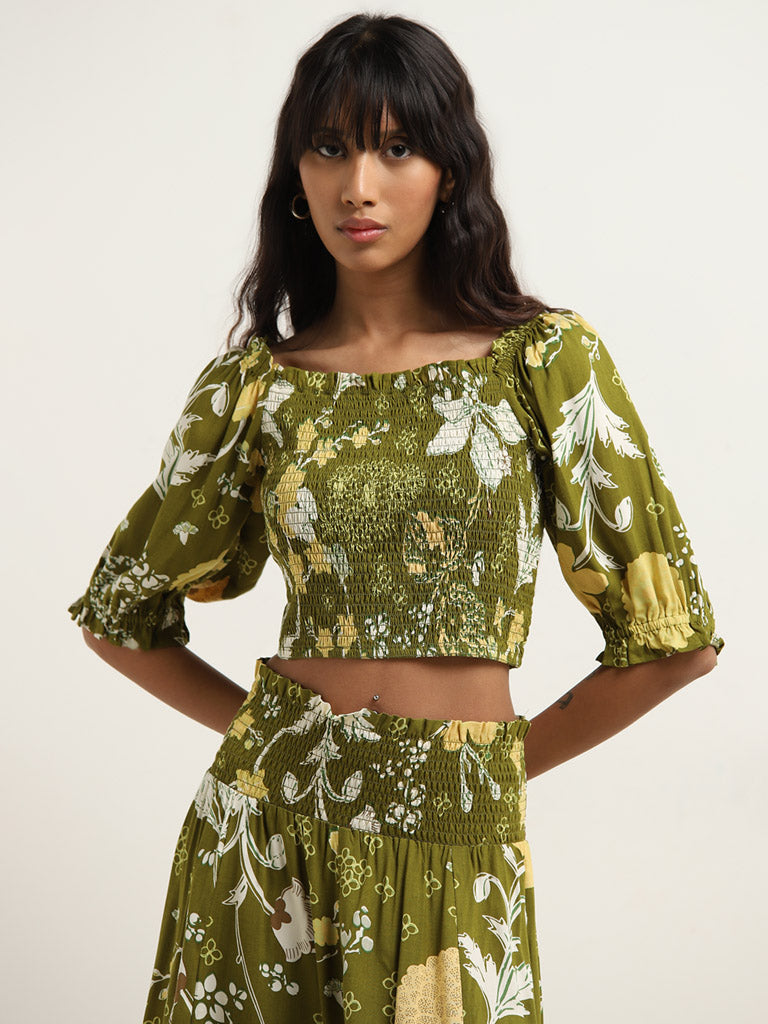 Bombay Paisley Olive Foliage Print Smocked Top