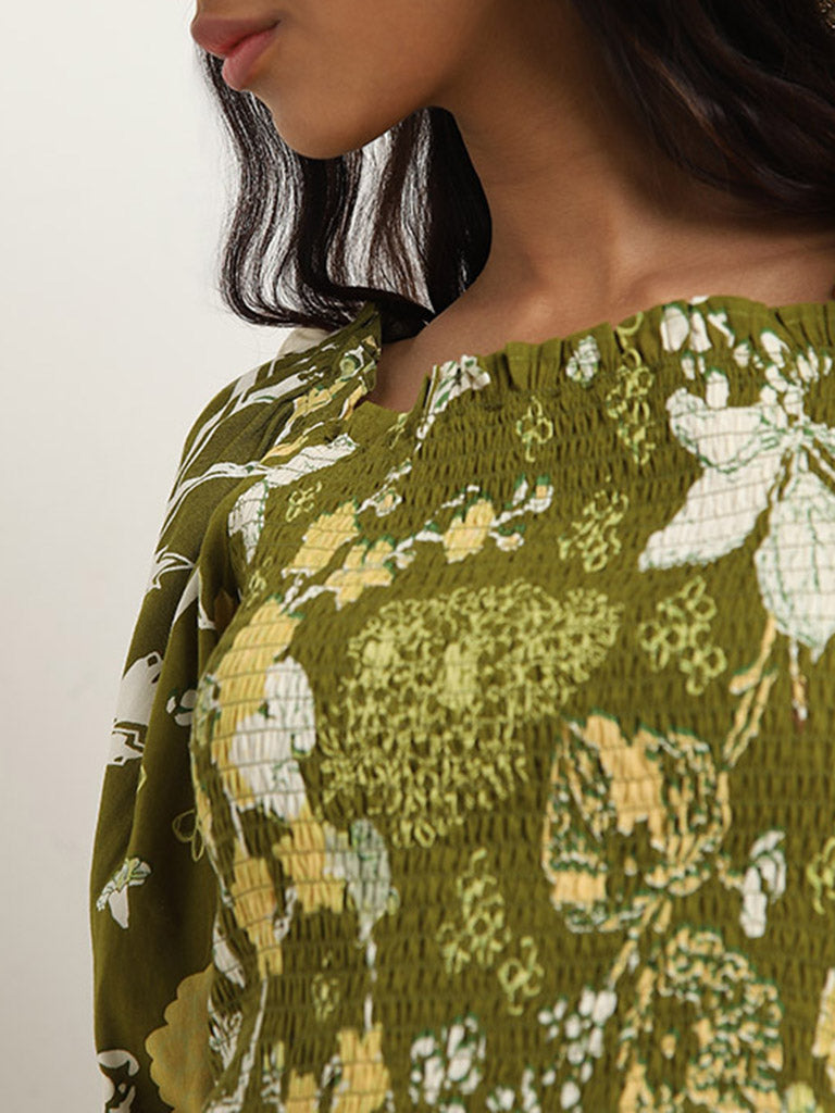 Bombay Paisley Olive Foliage Print Smocked Top