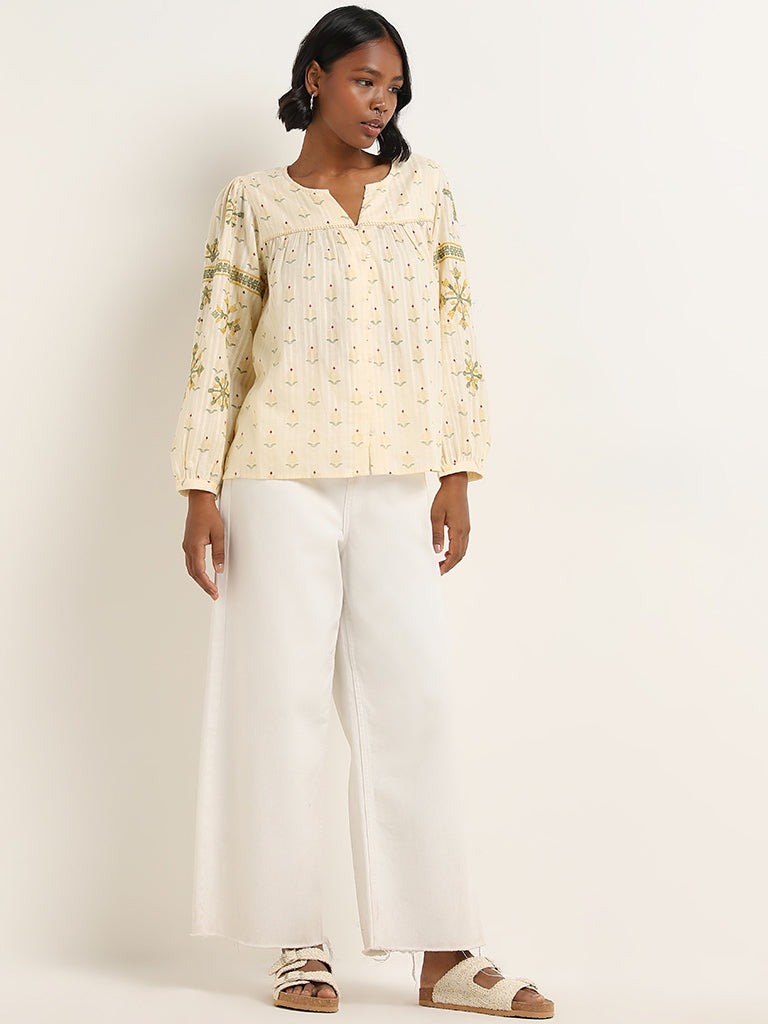 Bombay Paisley Off-White Embroidered Cotton Top